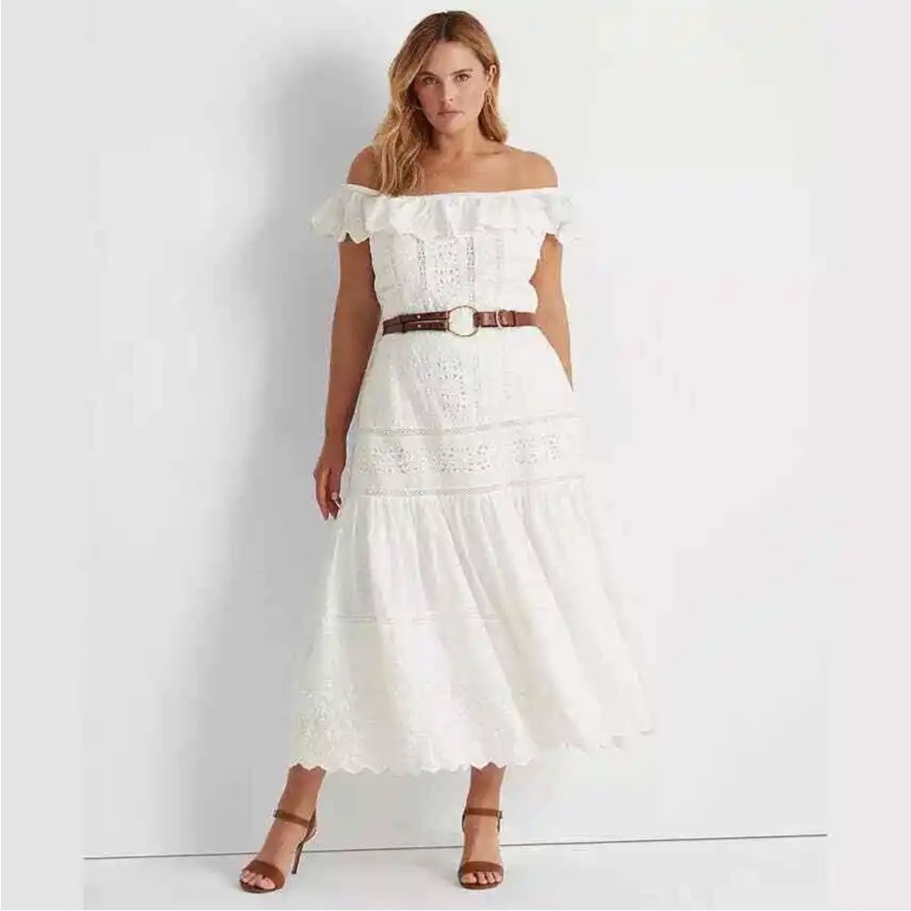 NWOT-Ralph Lauren white eyelet off the shoulder cotton maxi dress size 12